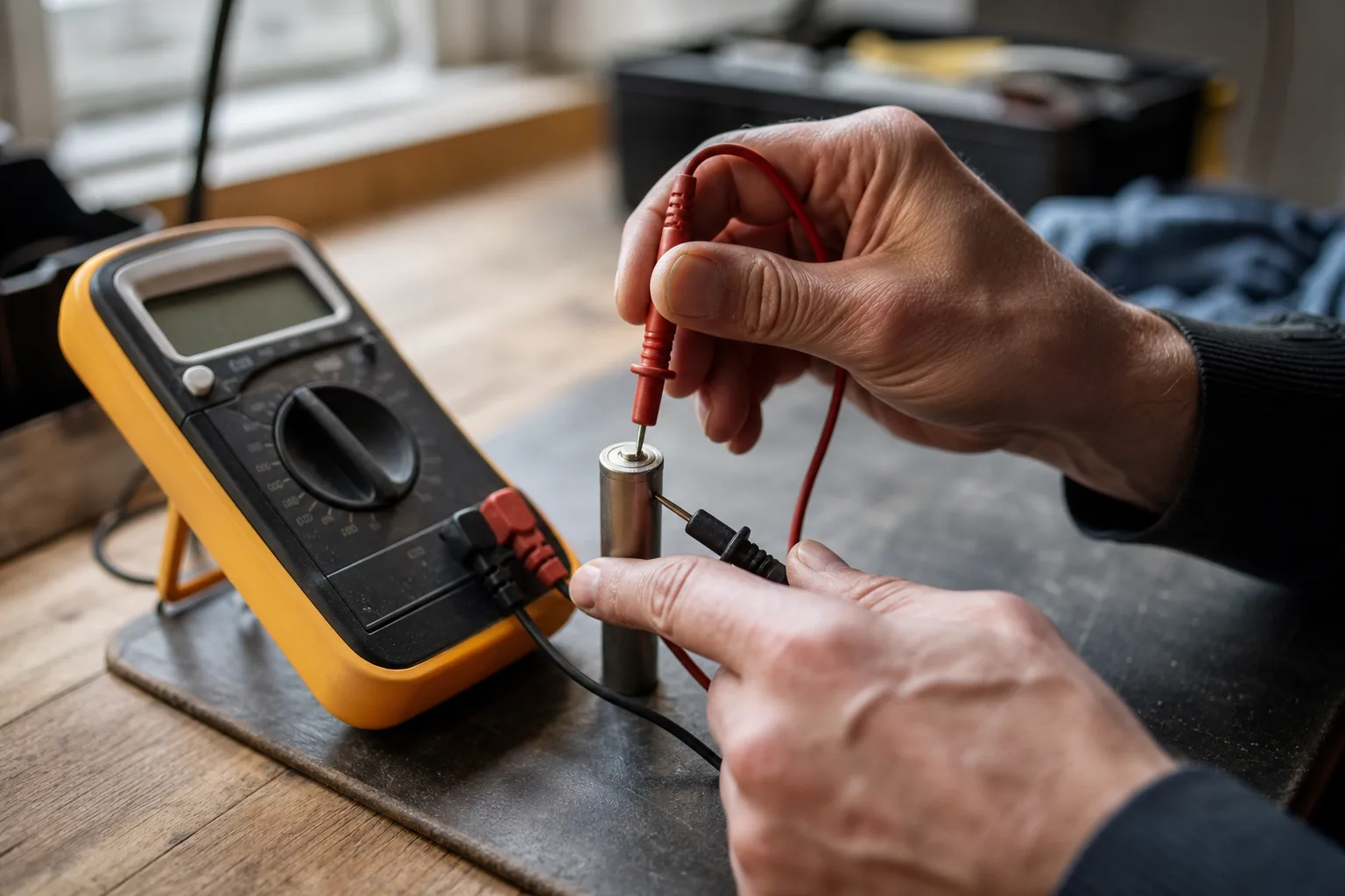 Batteri testas med multimeter