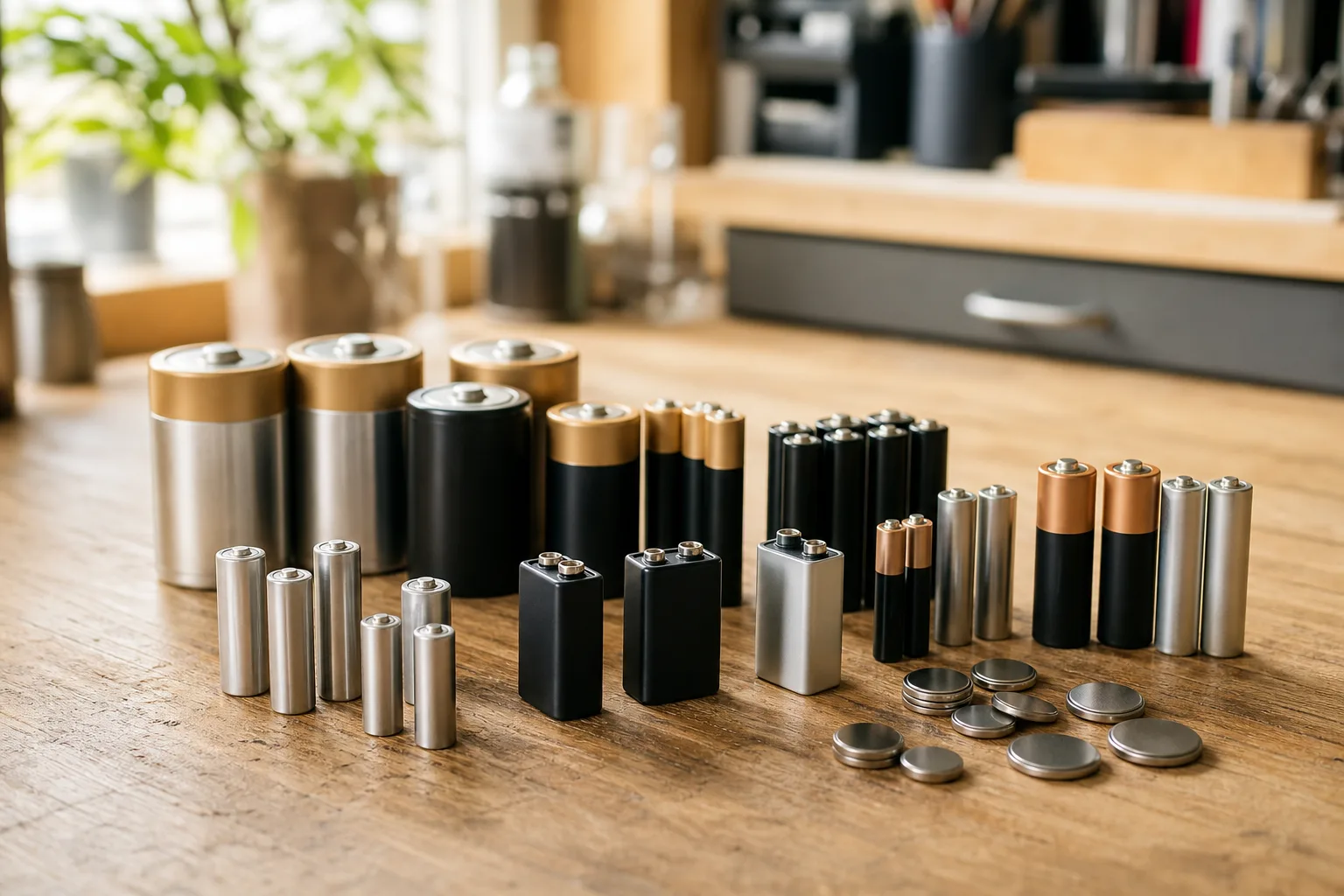 Olika batterityper på arbetsbänk