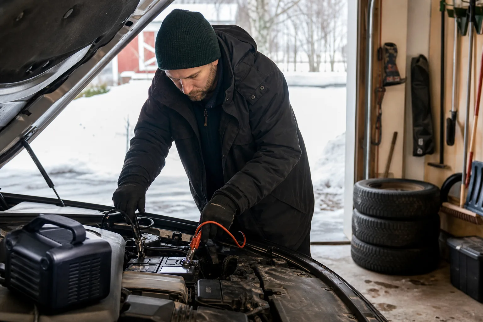 Laddare ansluten till bilbatteri