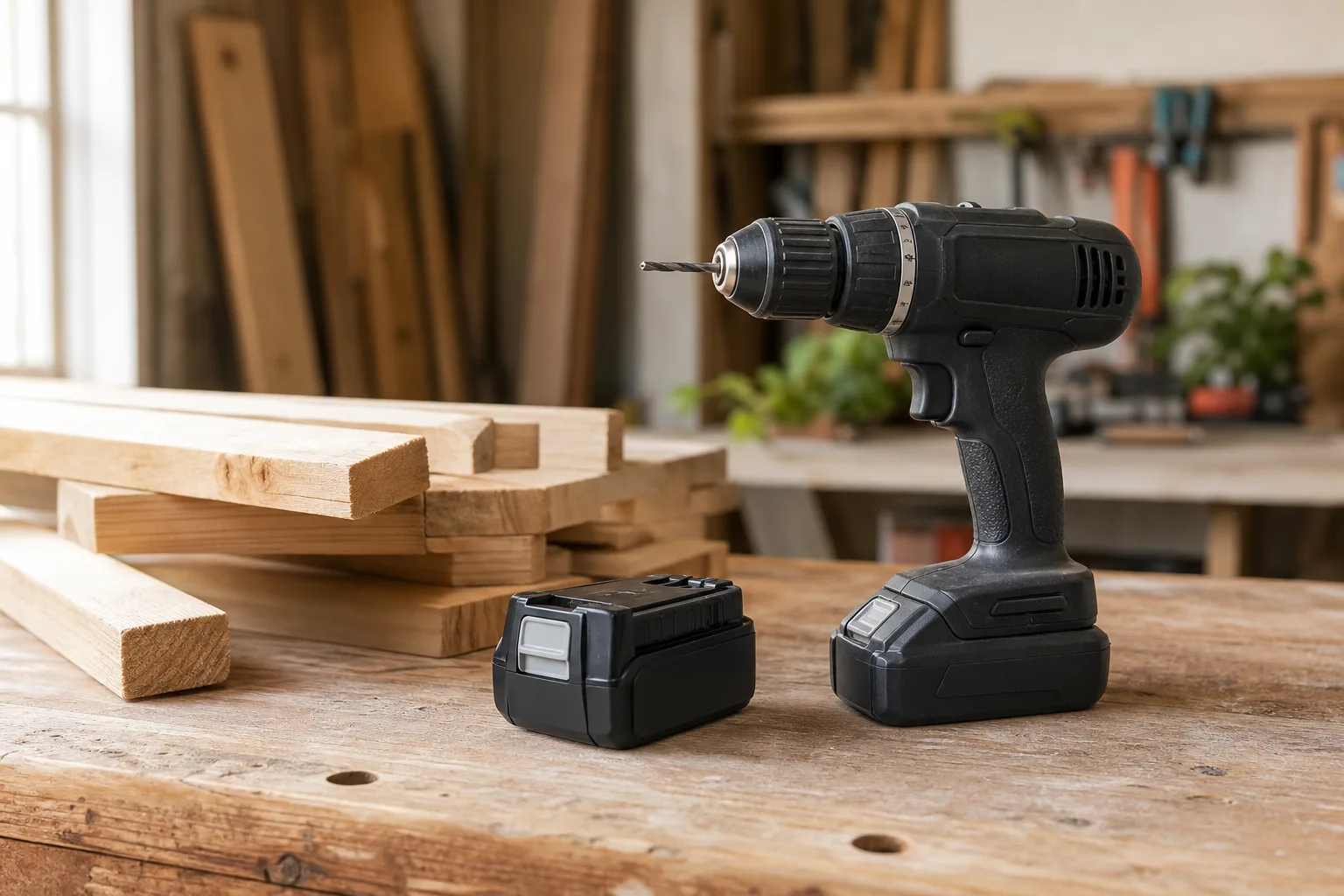 Batteri och borrmaskin i verkstad