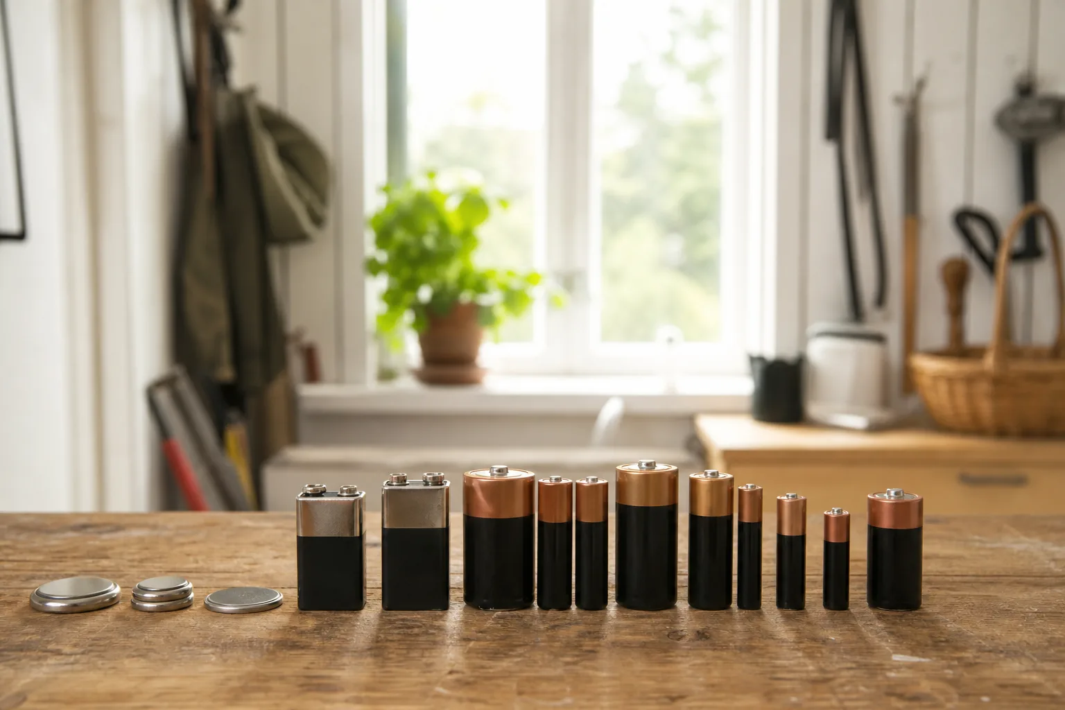 Hushållsbatterier på arbetsbänk