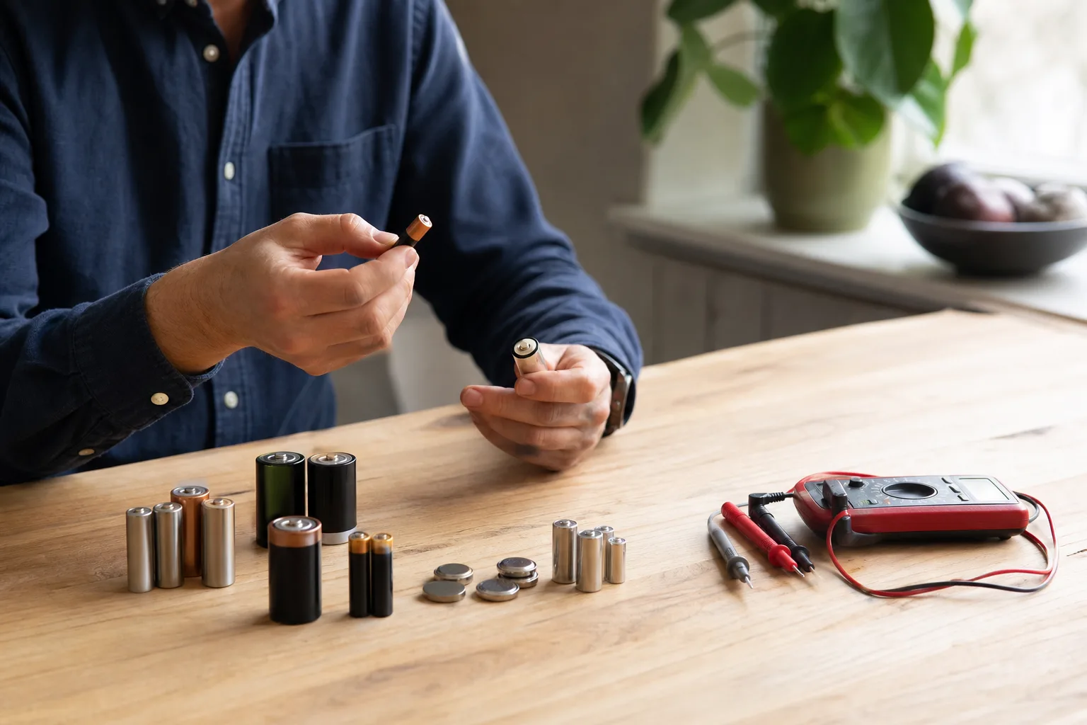 Batterier och multimeter på arbetsbänk