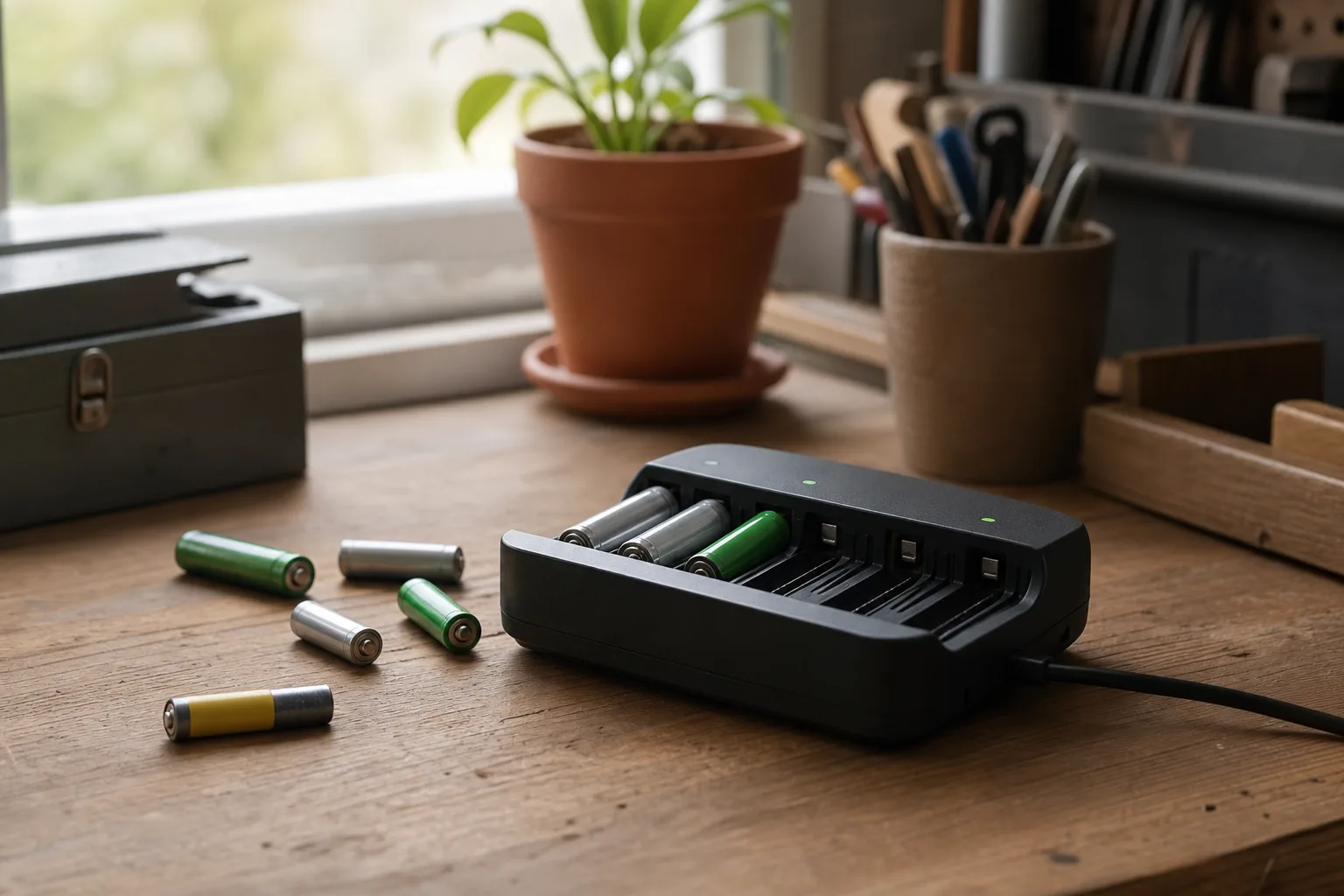 Batteriladdare på arbetsbord
