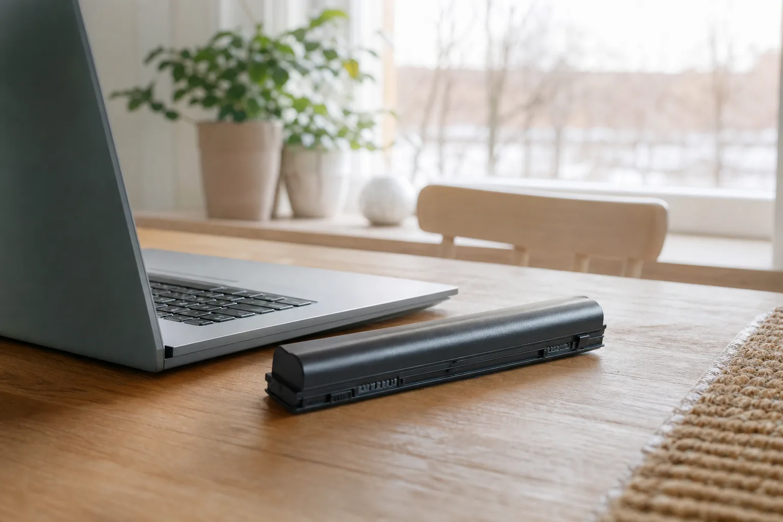 Laptopbatteri bredvid dator