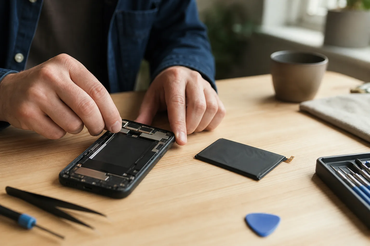 Mobilbatteri på reparationsbänk
