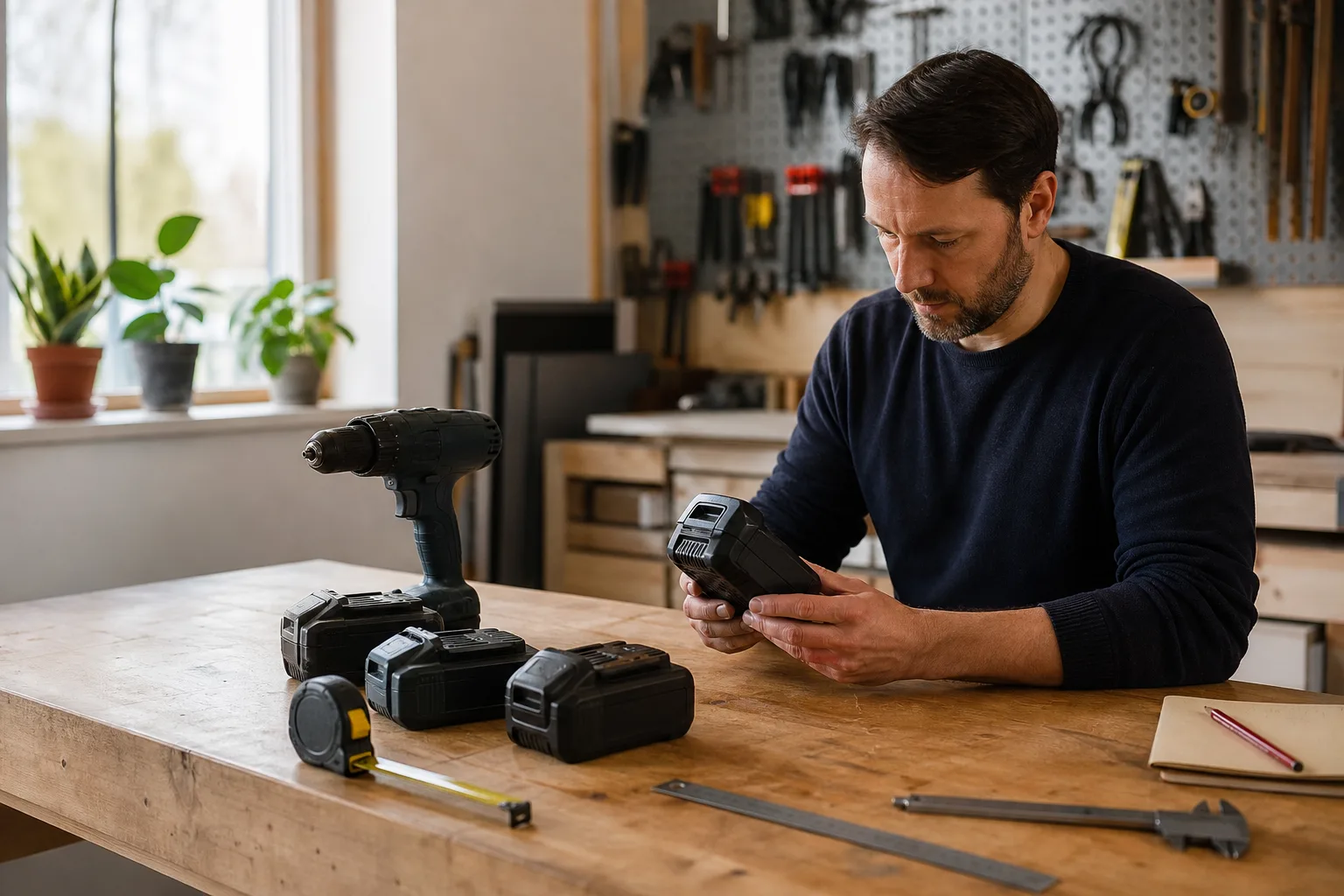 Verktyg och batteripack på arbetsbänk